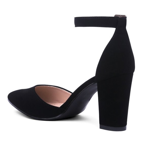 WOMEN'S SHOES D'ORSAY POINTED TOE BLACK NUBUCK ANKLE STRAP HEEL CASUAL - Picture 2 of 4